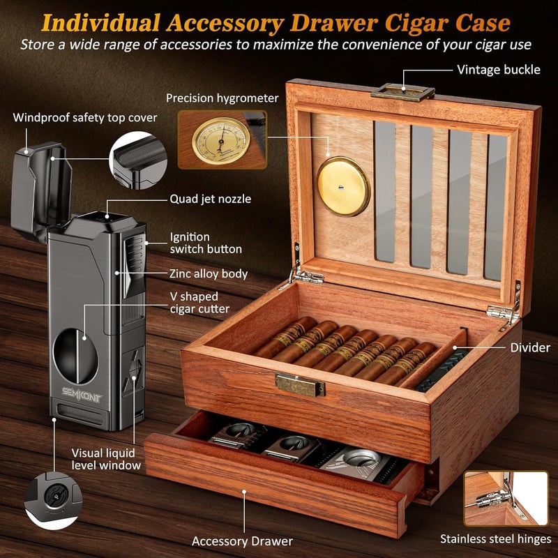 SEMKONT Cigar Humidor, Vintage Lock & Accessory Drawer Cedar Wood Humidor, Recessed Hygrometer Glass Top Desktop Cigar Box, with Humidifier, Cigar Lighter and Dropper,Hold 20-35 Cigars - Image 2